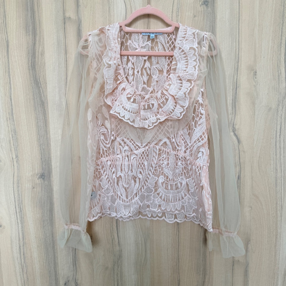Story On Womens Sheer Lace Blouse Size L Pink Ruffle Coquette Fairy Regency Doll